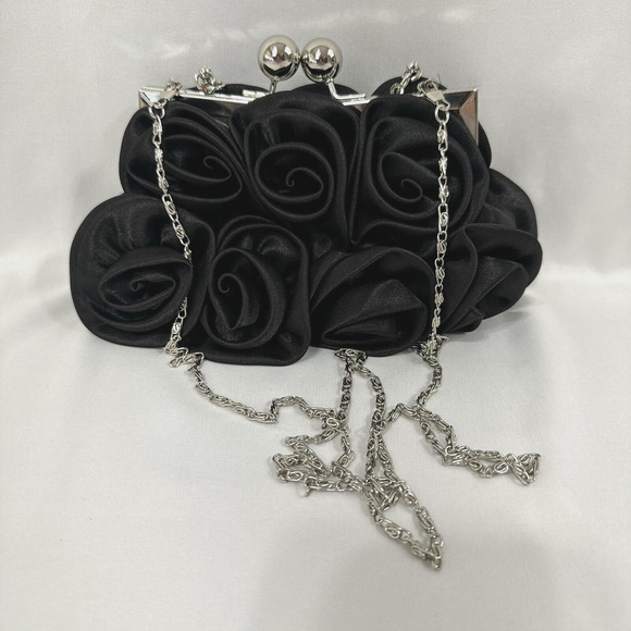 Women's Black Evening Clutch Floral Handbag Party Purse Detachable Chain Strap - Picture 1 of 16